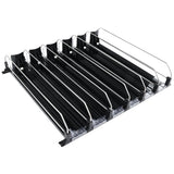 A black and clear plastic shelf organizer with five slanted rows and chrome wire dividers, this shelf accessory includes rails and a product pusher design to neatly hold and display cans or bottles—ideal for use with Empura Refrigeration in retail settings.