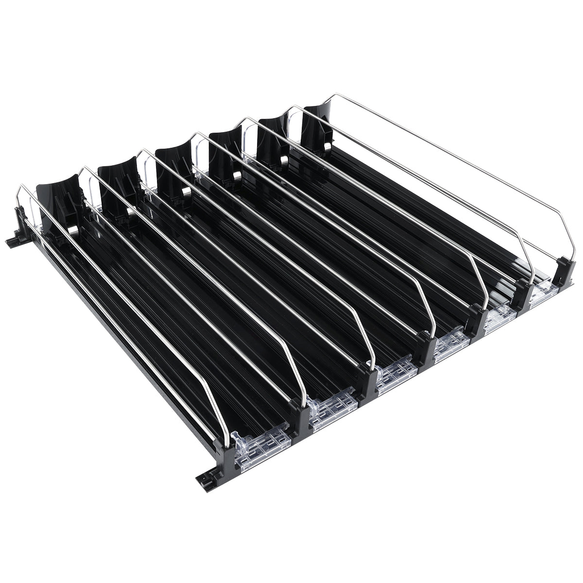 A black plastic and metal shelf organizer with multiple angled lanes, clear dividers, and metal rails designed for efficient product organization. The structure features a Product Pusher system to ensure items slide forward easily and stay neatly displayed.