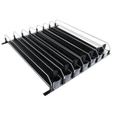 A black and silver metal roof rack with multiple parallel bars and raised side rails, this sleek, modern shelf accessory is designed to securely hold items on top of your vehicle.