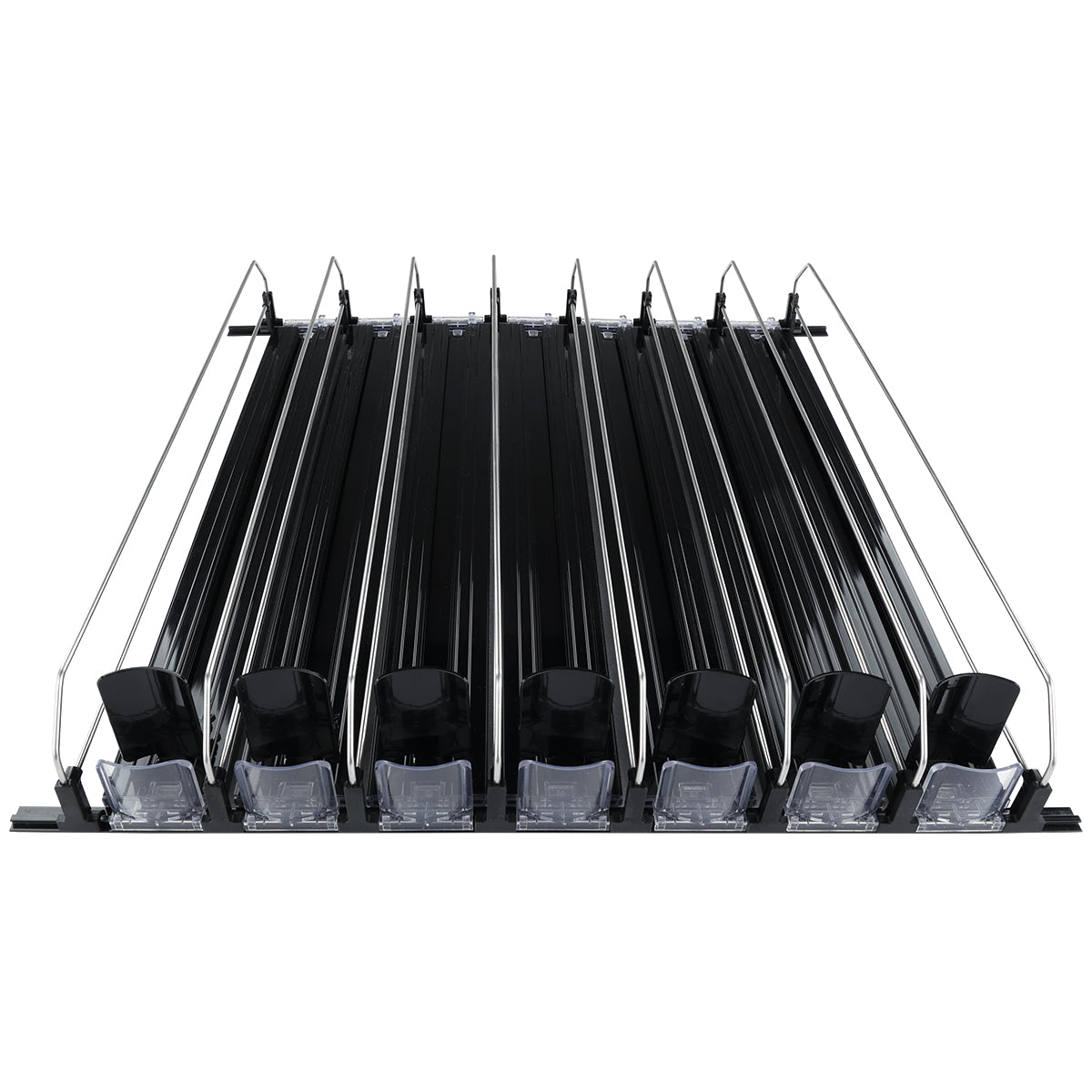 A front view of a black ski and snowboard roof rack with six parallel slots for product organization, each separated by metal rails. Clear plastic clamps secure the gear, and the rack is designed for vehicle roof mounting. The background is plain white.