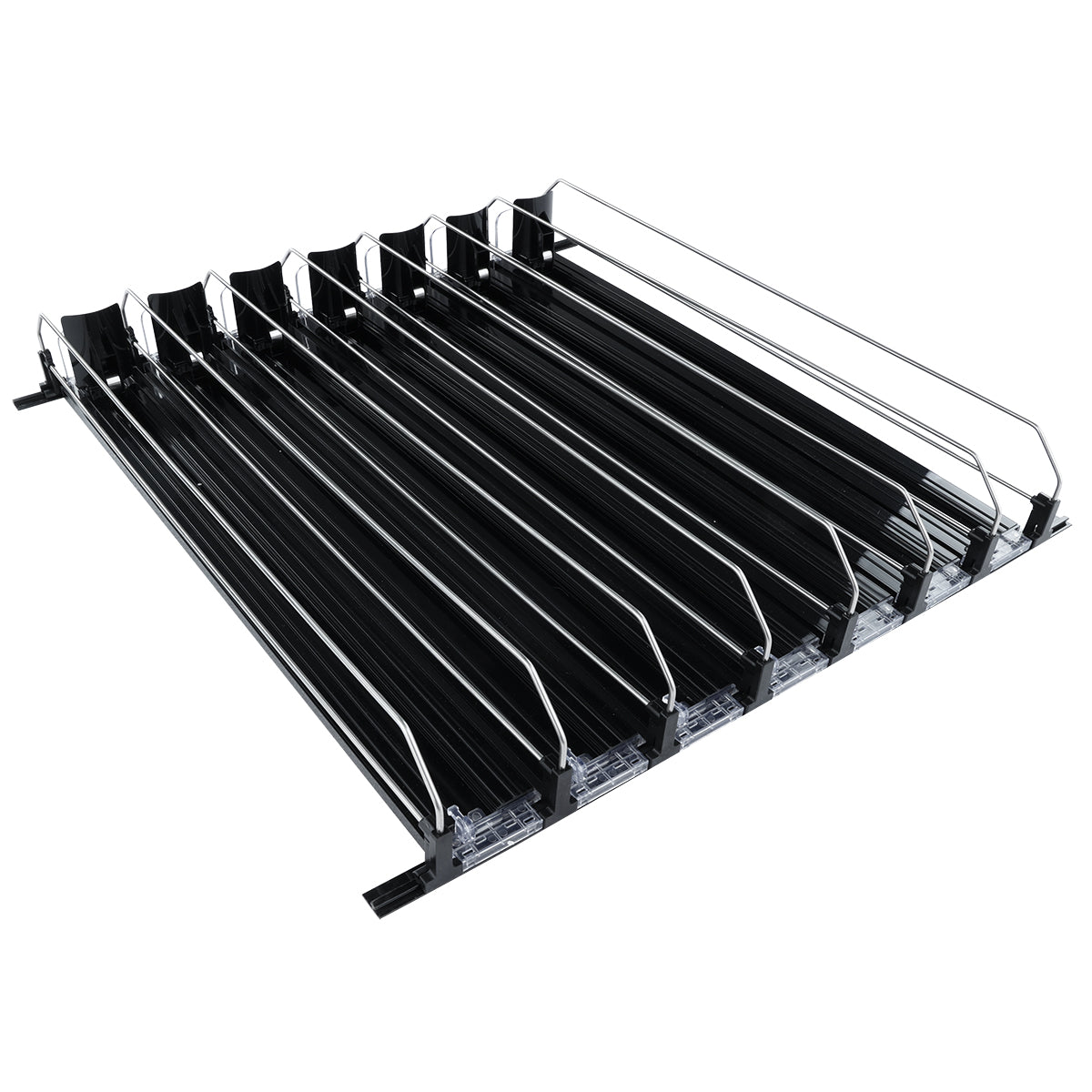 A black and silver grocery shelf organizer with multiple angled rows and metal wire dividers, designed for efficient product organization—perfect for neatly aligning cans or bottles and keeping items easy to access.