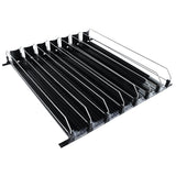 A black and silver grocery shelf organizer with multiple angled rows and metal wire dividers, designed for efficient product organization—perfect for neatly aligning cans or bottles and keeping items easy to access.