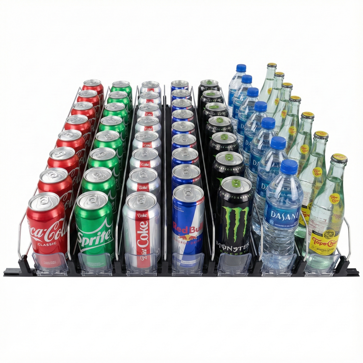 Rows of assorted drinks in a vending tray—Coca-Cola, Sprite, Diet Coke, Red Bull, Monster, Dasani water, Perrier, and Topo Chico bottles—showcase perfect product organization with each neatly arranged column viewed from above on a white background.