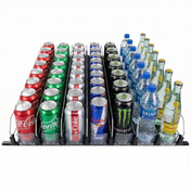 Rows of assorted beverages on a display rack—Coca-Cola, Diet Coke, Sprite, Red Bull, Monster Energy, Dasani water bottles, and Topo Chico—are neatly organized by type using product organization for an appealing presentation.