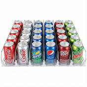 A refrigerator organizer—a perfect add-on accessory for Empura Refrigeration—holds four rows of soda cans: Coca-Cola, Diet Coke, Sprite, Pepsi, Dr Pepper, and Mountain Dew. The vibrant logos are showcased for easy identification.