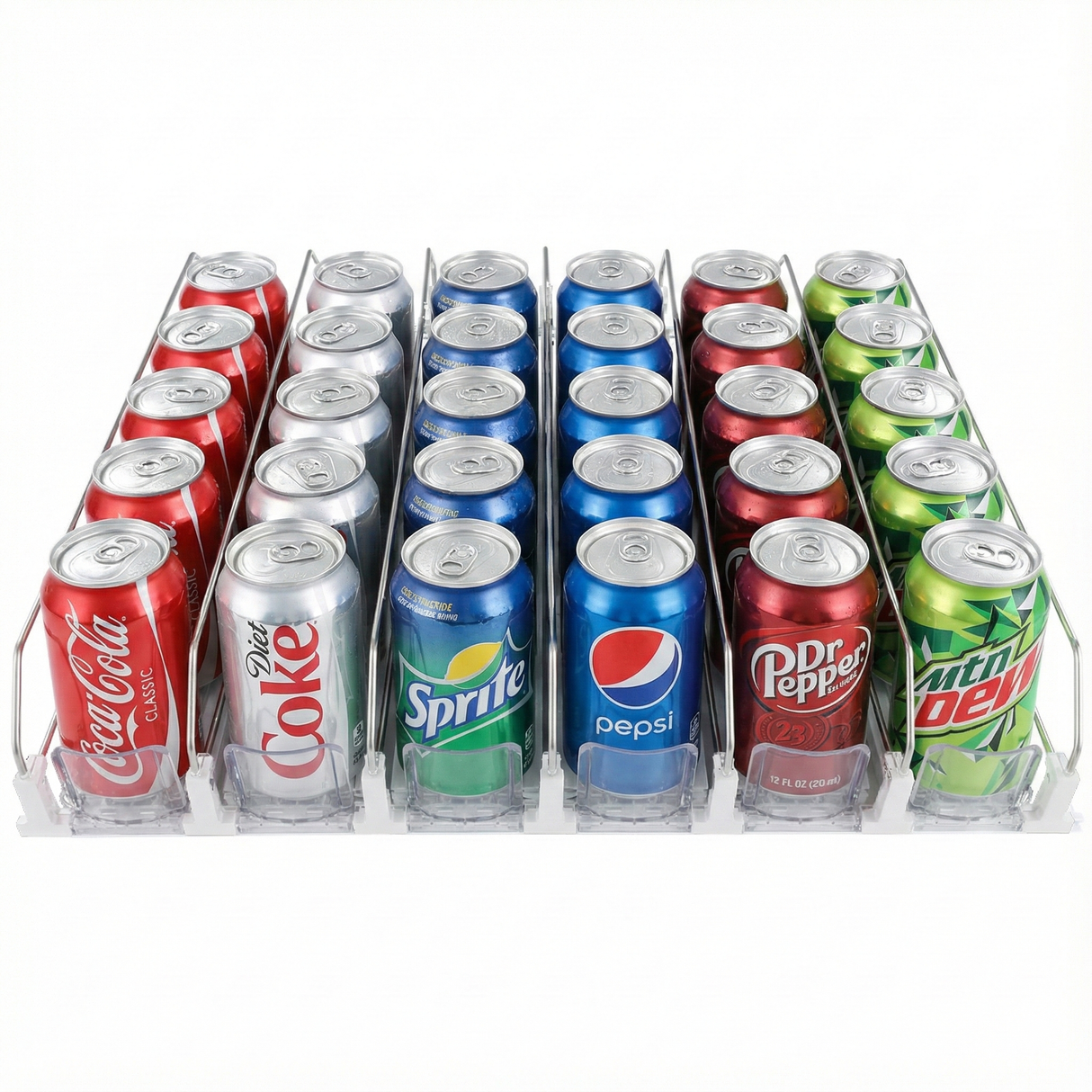A front view of five rows of assorted soda cans, including Coca-Cola, Diet Coke, and more, neatly organized in a clear plastic beverage dispenser with a product pusher add-on accessory. The vibrant cans are perfect for Empura Refrigeration displays.