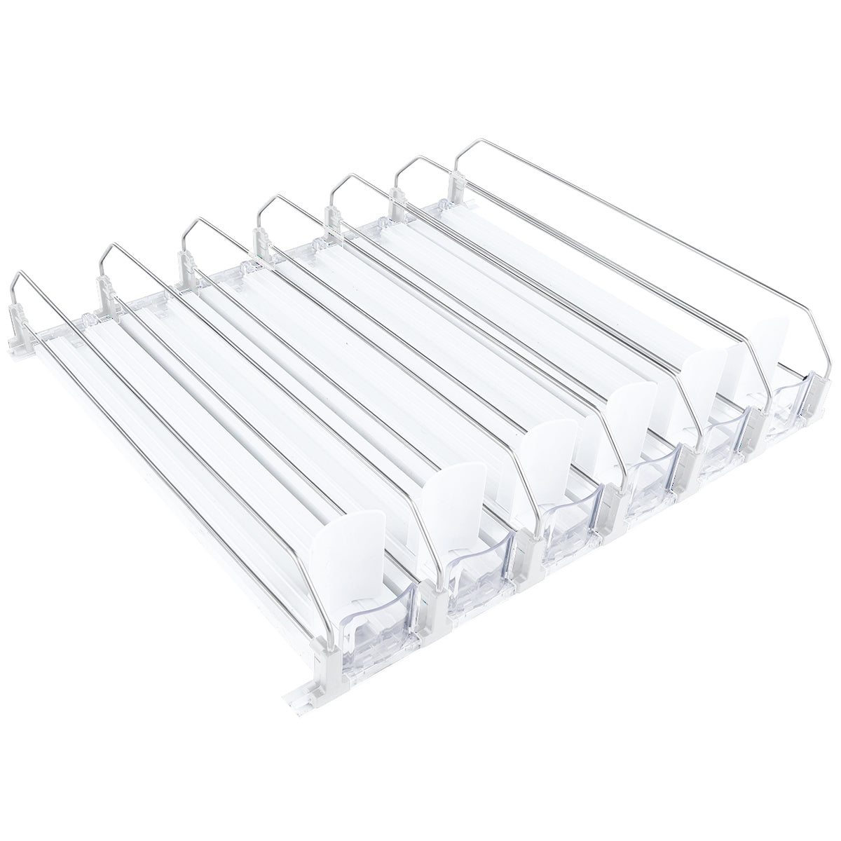 A clear plastic organizer with six angled rows, each separated by thin, raised dividers. This product pusher features front stoppers and a slight tilt, ideal for holding cans or bottles—an efficient add-on accessory for Empura Refrigeration units.