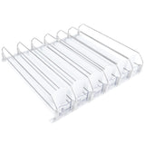 A clear, plastic can organizer with six lanes, each featuring a sloped tray and front stopper. Wire railings guide cans forward like a product pusher, making this an ideal add-on accessory for fridge or pantry organization.