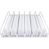A front view of a clear, multi-lane plastic can organizer with five rows. Adjustable wire dividers and a spring-loaded product pusher at the back move cans forward for easy access. Compatible as an add-on accessory for Empura Refrigeration units. The organizer is empty.