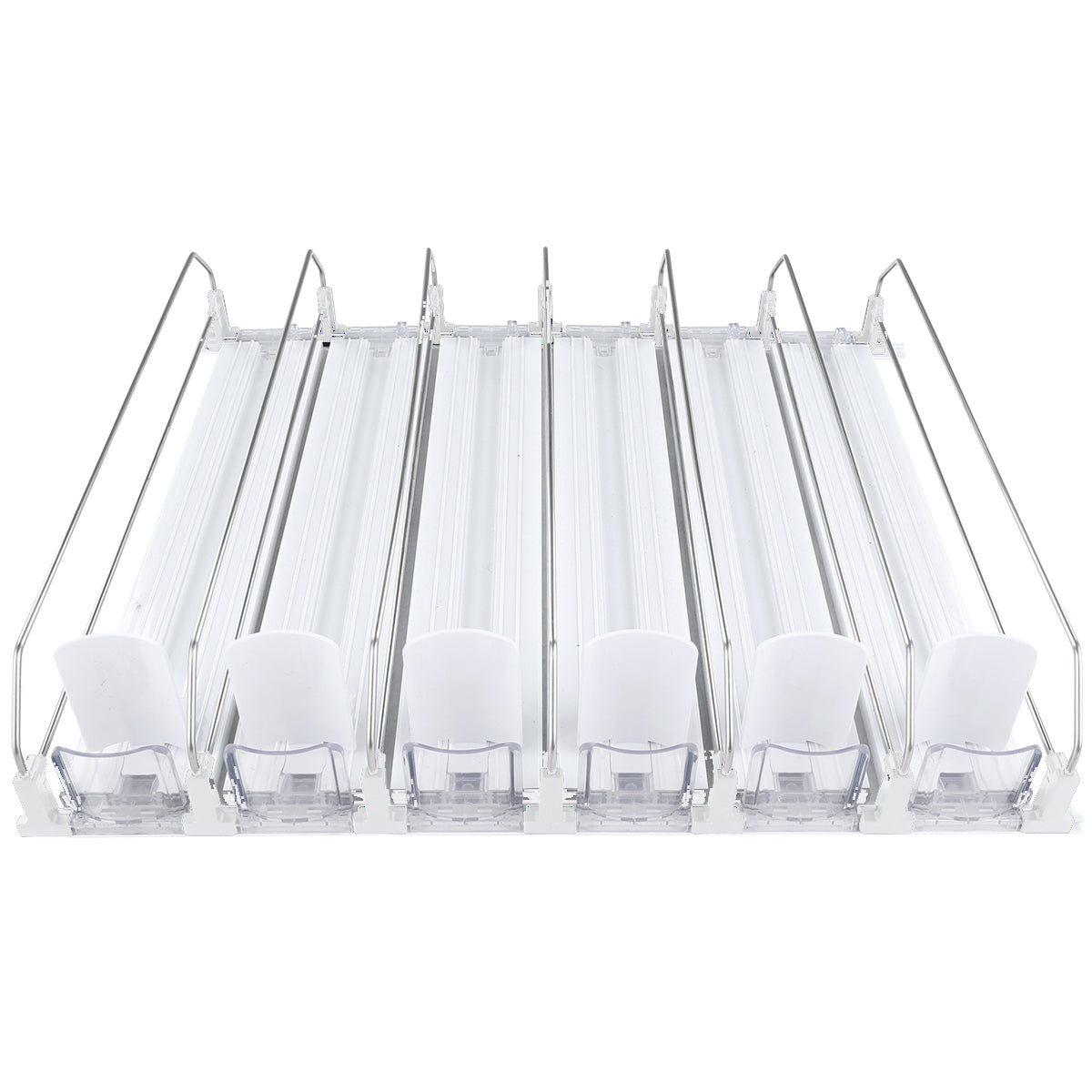 A clear plastic organizer with five adjustable lanes and metal dividers, designed as a practical Product Pusher for storing and dispensing canned goods or bottles. This add-on accessory features transparent front stoppers to keep items secure. Shown empty on a white background.