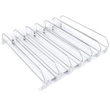 A modern and functional add-on accessory, this adjustable shelf divider features six slots for organizing plates or trays. The metal wire and clear plastic design sits on a flat, rectangular base—ideal for enhancing Empura Refrigeration storage.