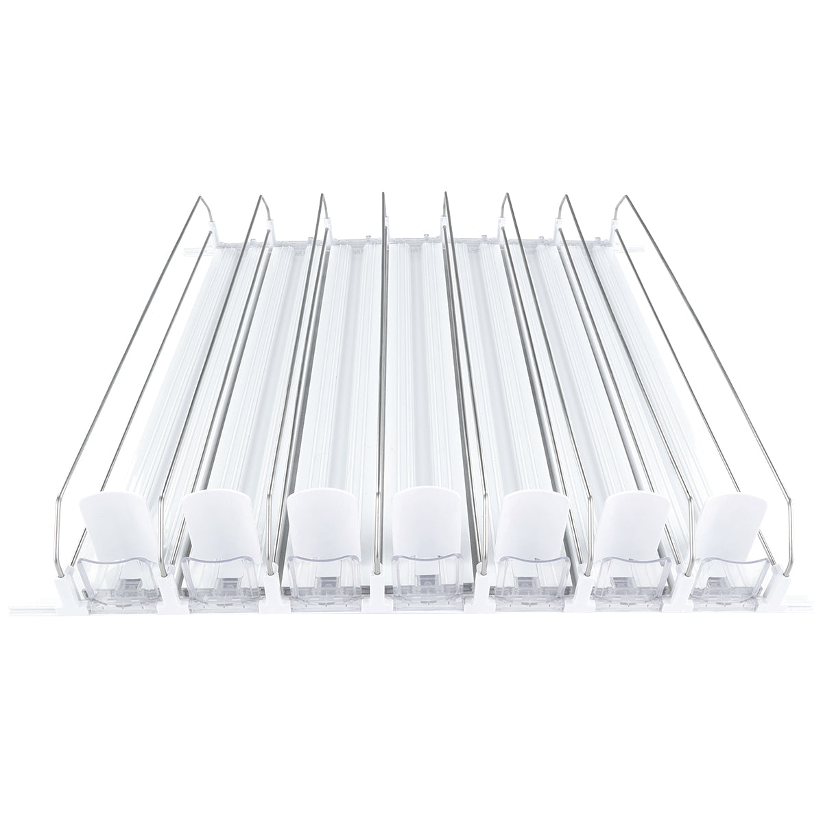 Six clear plastic shelf dividers with adjustable rails and an add-on accessory Product Pusher are aligned in parallel rows. Each divider features a white front clip, transparent sides, and a flat base—ideal for Empura Refrigeration or retail display.