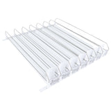 A metal and plastic adjustable can organizer rack with several rows and dividers, designed to hold cans horizontally. Features rails with a built-in product pusher system to keep cans in place and roll forward for easy access.