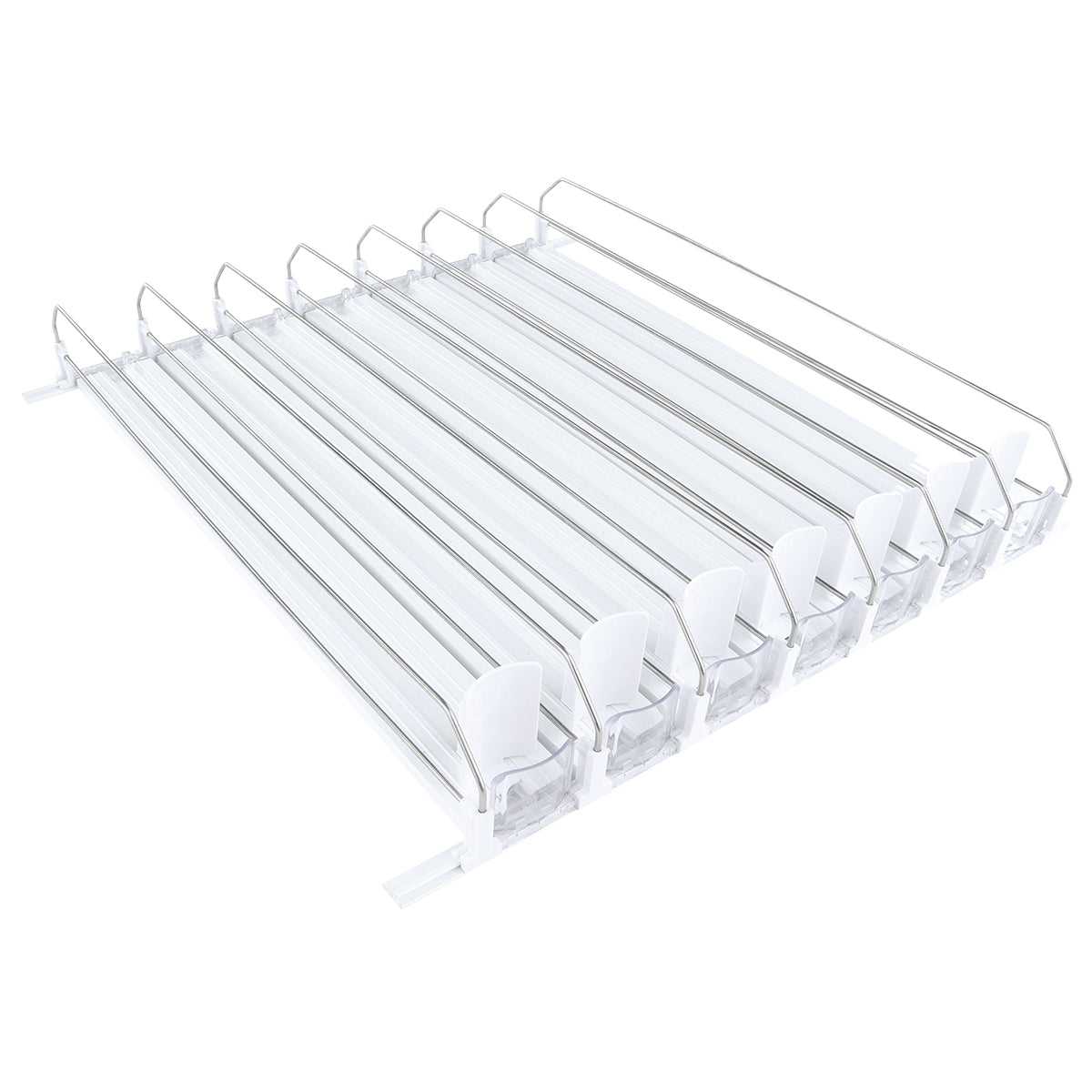 A clear plastic and metal organizer with seven parallel slots, each separated by thin metal rods and plastic ends. This angled, open design is an ideal add-on accessory for Empura Refrigeration, perfect for organizing trays, lids, or files.