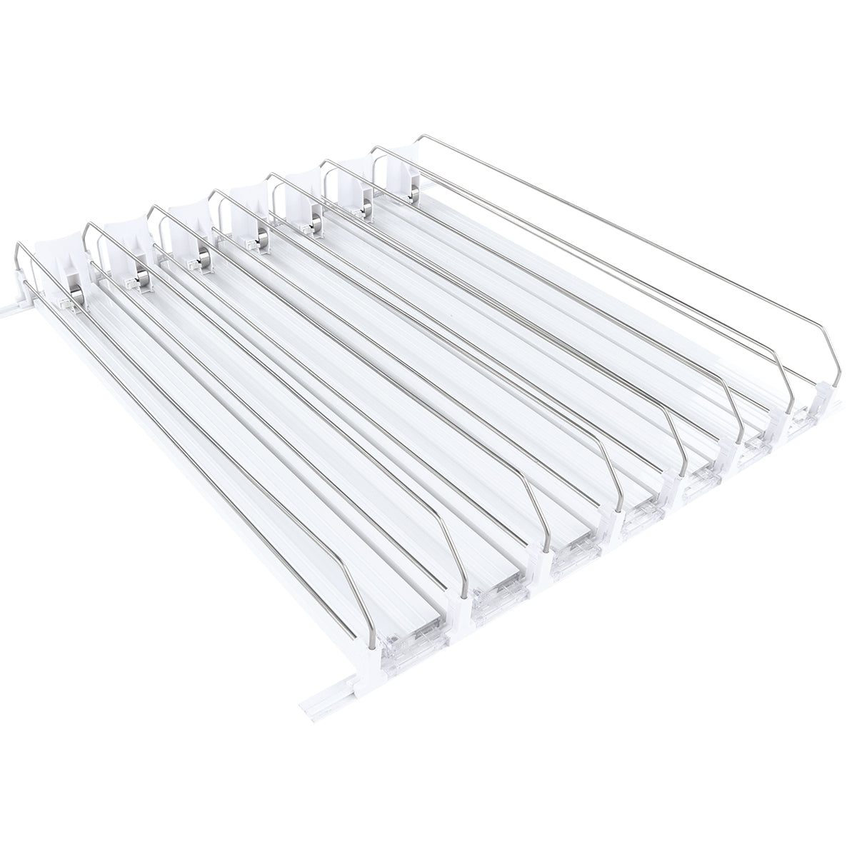 A white, multi-rail horizontal shelf organizer with six parallel, clear plastic channels and raised metal dividers for efficient product organization—ideal for sorting cans or bottles in an Empura Refrigeration unit or pantry.