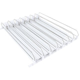 A white, multi-rail horizontal shelf organizer with six parallel, clear plastic channels and raised metal dividers for efficient product organization—ideal for sorting cans or bottles in an Empura Refrigeration unit or pantry.