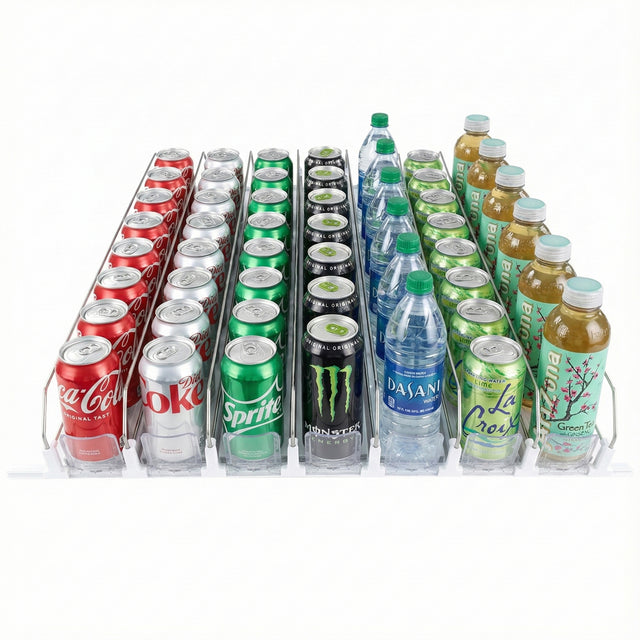 Rows of assorted drinks in a fridge organizer—cans of Coca-Cola, Sprite, Monster Energy, Dasani water bottles, and more—all neatly arranged on clear plastic tracks with a Product Pusher add-on accessory, ideal for Empura Refrigeration units.