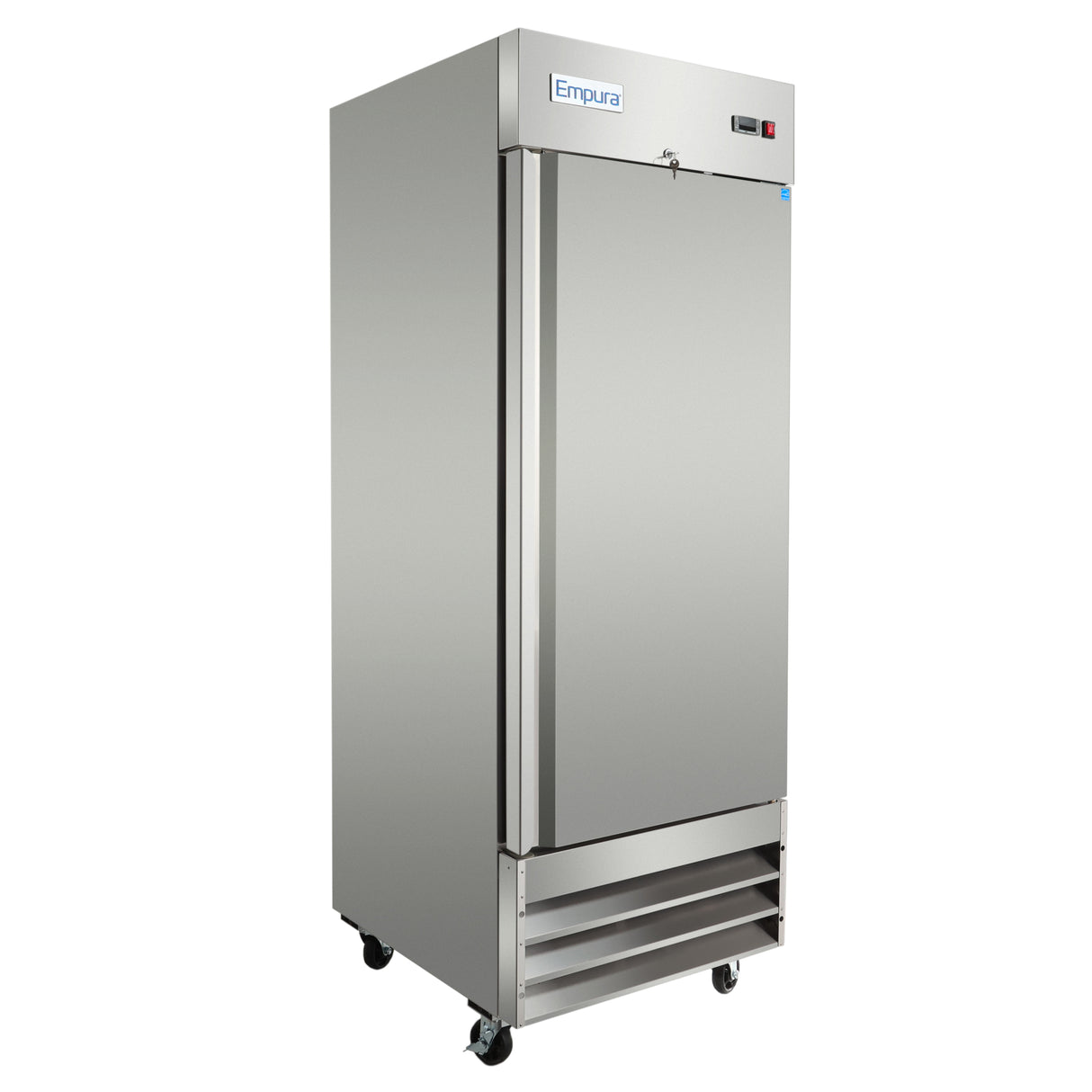 A large, stainless steel Empura reach-in freezer with a 23 cu. ft. capacity features a single solid door, four caster wheels, bottom ventilation grilles, and a digital display panel on the top right.