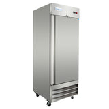 A large, stainless steel Empura reach-in freezer with a 23 cu. ft. capacity features a single solid door, four caster wheels, bottom ventilation grilles, and a digital display panel on the top right.