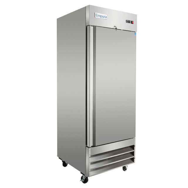 A large, stainless steel Empura reach-in freezer with a 23 cu. ft. capacity features a single solid door, four caster wheels, bottom ventilation grilles, and a digital display panel on the top right.