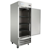 A commercial Reach-In Freezer on wheels with an open glass door, showing three empty wire shelves inside. The Empura brand name is visible on the upper front panel, and ventilation vents are located at the bottom of this 23 cu. ft. freezer unit.
