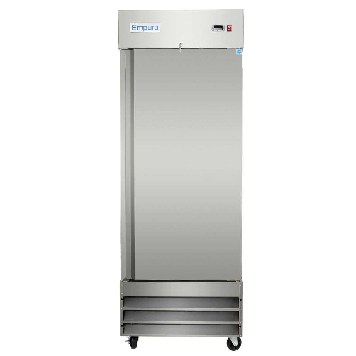 A tall, stainless steel 23 cu. ft. commercial freezer stands on four wheels. The single solid door has a digital control panel at the top right, with the Empura logo on the upper left. Vents and handles are visible near the bottom.