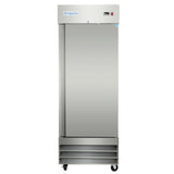 A tall, stainless steel 23 cu. ft. commercial freezer stands on four wheels. The single solid door has a digital control panel at the top right, with the Empura logo on the upper left. Vents and handles are visible near the bottom.