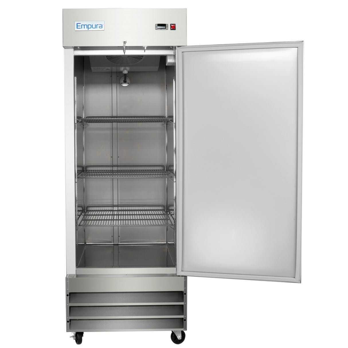A tall, stainless steel Empura Reach-In Freezer with a 23 cu. ft. capacity stands on wheels. The open door reveals four empty wire shelves, and a small digital display panel is located near the top right corner above the vented base.