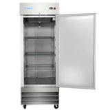 A tall, stainless steel Empura Reach-In Freezer with a 23 cu. ft. capacity stands on wheels. The open door reveals four empty wire shelves, and a small digital display panel is located near the top right corner above the vented base.