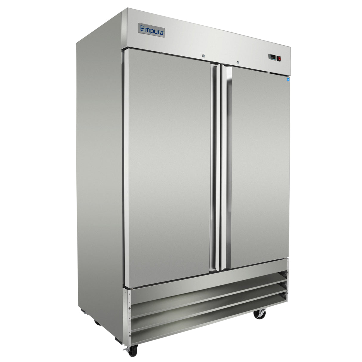 A large, industrial Empura Refrigeration double-door reach-in freezer with vertical handles, vented panel at the base, and small wheels, photographed against a white background.