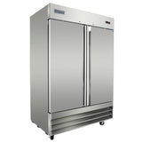 A large, industrial Empura Refrigeration double-door reach-in freezer with vertical handles, vented panel at the base, and small wheels, photographed against a white background.
