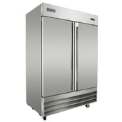 A large, industrial Empura Refrigeration double-door reach-in freezer with vertical handles, vented panel at the base, and small wheels, photographed against a white background.