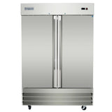 A large, stainless steel Empura Refrigeration commercial freezer with two vertical doors, a digital display panel on the upper right, horizontal vents below, central handles, four caster wheels for mobility, and the brand visible on the top left.