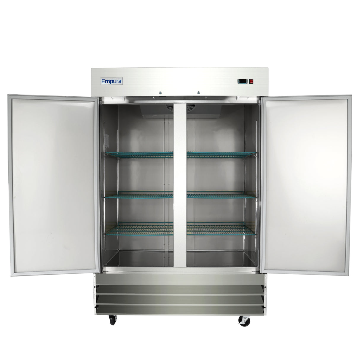 A large Empura Refrigeration reach-in freezer with two open doors reveals three adjustable wire shelves inside each section. The commercial freezer is on wheels, and the brand name “Empura” is displayed on the upper left corner.