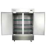 A large Empura Refrigeration reach-in freezer with two open doors reveals three adjustable wire shelves inside each section. The commercial freezer is on wheels, and the brand name “Empura” is displayed on the upper left corner.