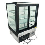 A commercial refrigerated display case with three glass shelves, a black frame, sliding glass doors, and a silver base. The unit features LED lighting, a cooling vent, control panel, and a power cord extending from the lower right side.