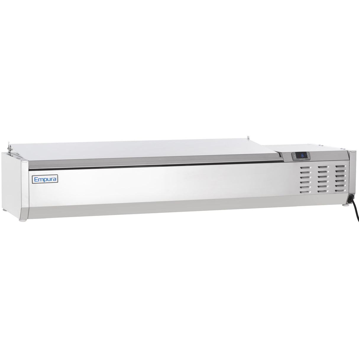 A stainless steel refrigerated countertop prep unit with a digital control panel on the right, ventilation slots, and the Empura refrigeration brand label on the left. The unit is designed for countertop use and features a hinged lid on top.