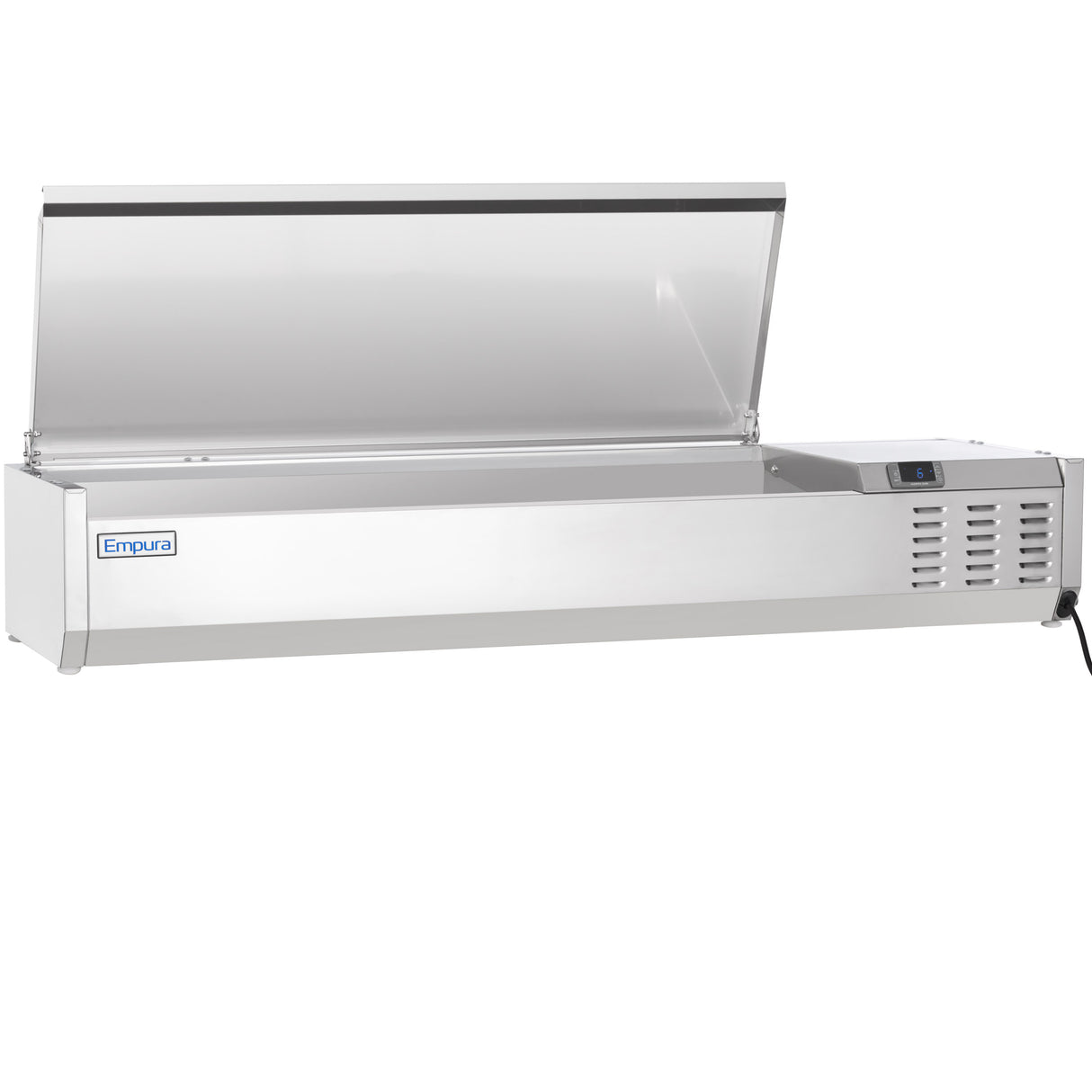 A stainless steel Empura refrigerated countertop prep unit with a hinged transparent lid opens upward. The unit features a digital control panel on the right side, vents for cooling, and an electrical cord attached at the lower right corner.