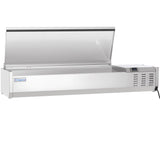 A stainless steel Empura refrigerated countertop prep unit with a hinged transparent lid opens upward. The unit features a digital control panel on the right side, vents for cooling, and an electrical cord attached at the lower right corner.