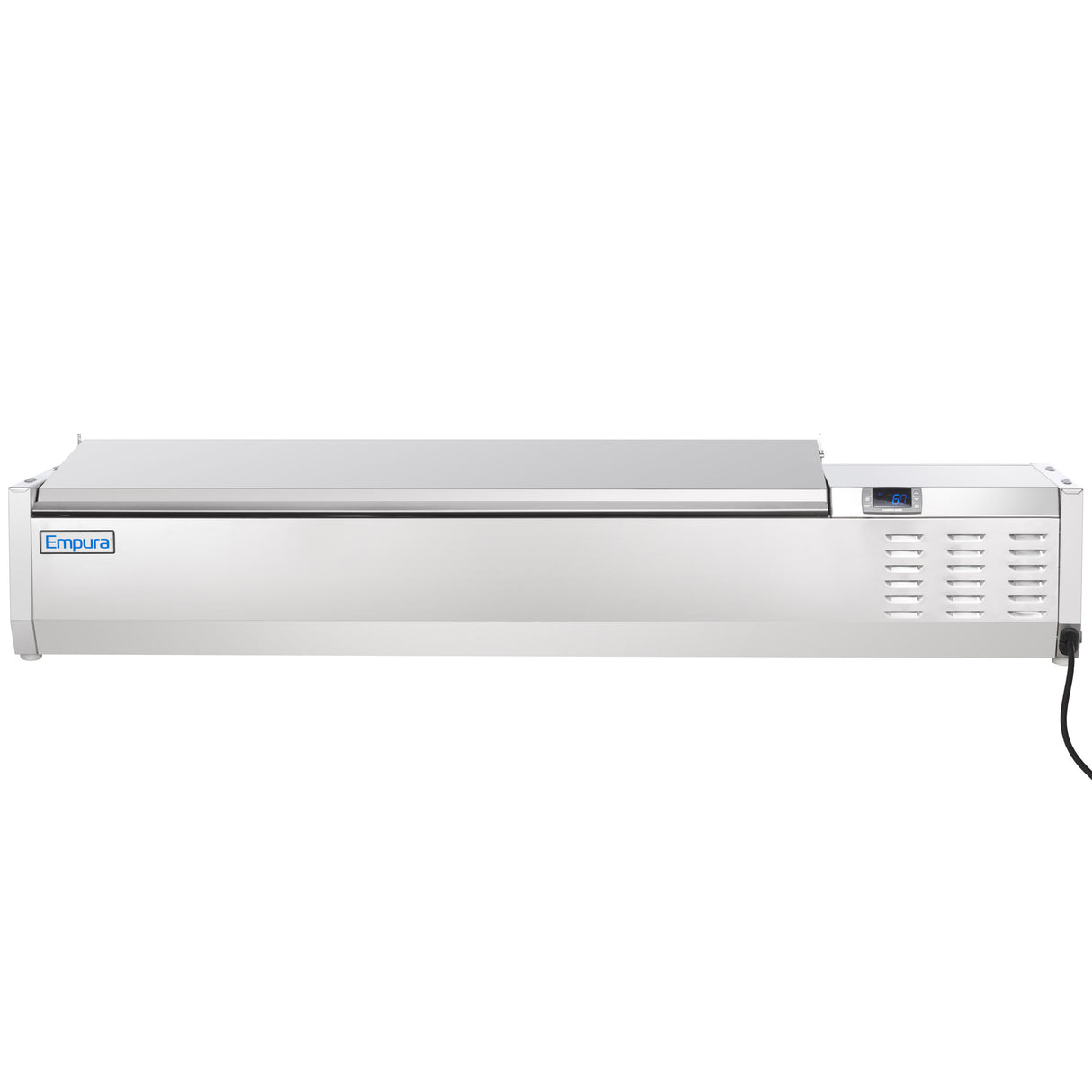 A stainless steel Empura food warmer with a digital display, vents on the right side, and a flat top surface. This unit pairs perfectly with any stainless steel prep unit, featuring a blue Empura logo on the left front and power cord on the right.