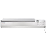 A stainless steel Empura food warmer with a digital display, vents on the right side, and a flat top surface. This unit pairs perfectly with any stainless steel prep unit, featuring a blue Empura logo on the left front and power cord on the right.