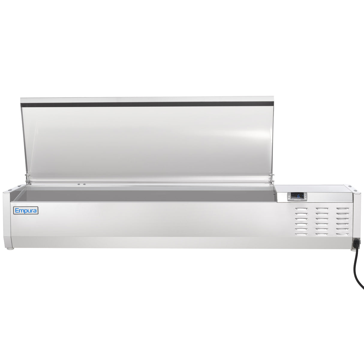 A stainless steel Empura refrigerated countertop prep unit with a raised hinged lid open, exposing the interior. The unit features a control panel and ventilation slots on the right side, with a power cord visible and plugged in on the right.