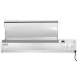 A stainless steel Empura refrigerated countertop prep unit with a raised hinged lid open, exposing the interior. The unit features a control panel and ventilation slots on the right side, with a power cord visible and plugged in on the right.