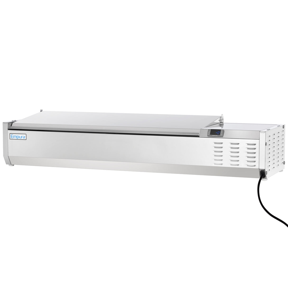 A stainless steel Empura refrigerated countertop prep unit with a flat, hinged lid, front control panel, vented side for cooling, and a black electrical cord extending from the right. The sleek surface is ideal for commercial kitchen use.