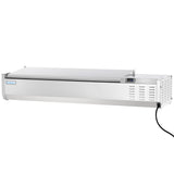 A stainless steel Empura refrigerated countertop prep unit with a flat, hinged lid, front control panel, vented side for cooling, and a black electrical cord extending from the right. The sleek surface is ideal for commercial kitchen use.
