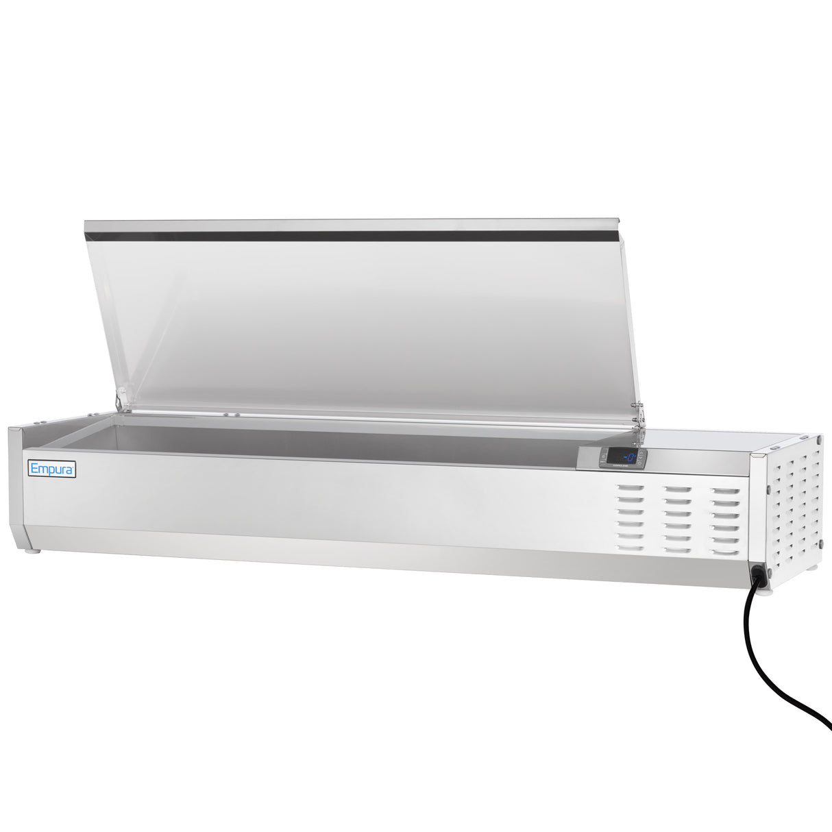 A stainless steel prep unit by Empura refrigeration, this refrigerated countertop prep unit features a transparent lid that opens upwards, a digital control panel on the right, and an attached power cord. The Empura brand is labeled on the front left.