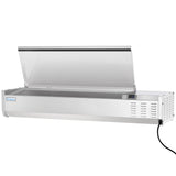 A stainless steel prep unit by Empura refrigeration, this refrigerated countertop prep unit features a transparent lid that opens upwards, a digital control panel on the right, and an attached power cord. The Empura brand is labeled on the front left.