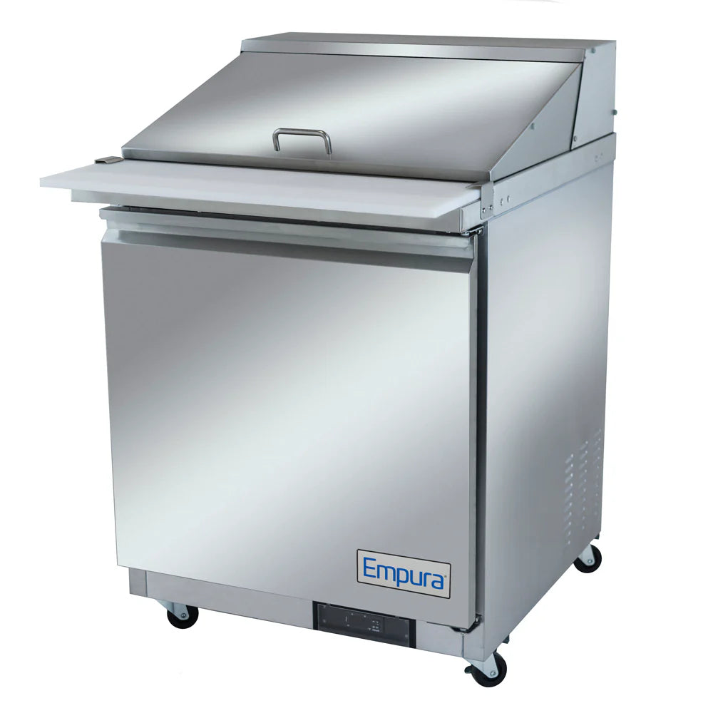 A stainless steel Empura refrigerated sandwich prep table with a closed lid and white cutting board attached to the front. This mega top prep table features a solid door, four caster wheels, and the Empura refrigeration logo near the bottom.