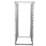 The Empura E-PR15 15-Pan Rack is a tall, empty stainless steel rack with multiple horizontal slots on both sides, designed for holding trays or pans. It stands on four sturdy legs, with an open front and back, against a white background.