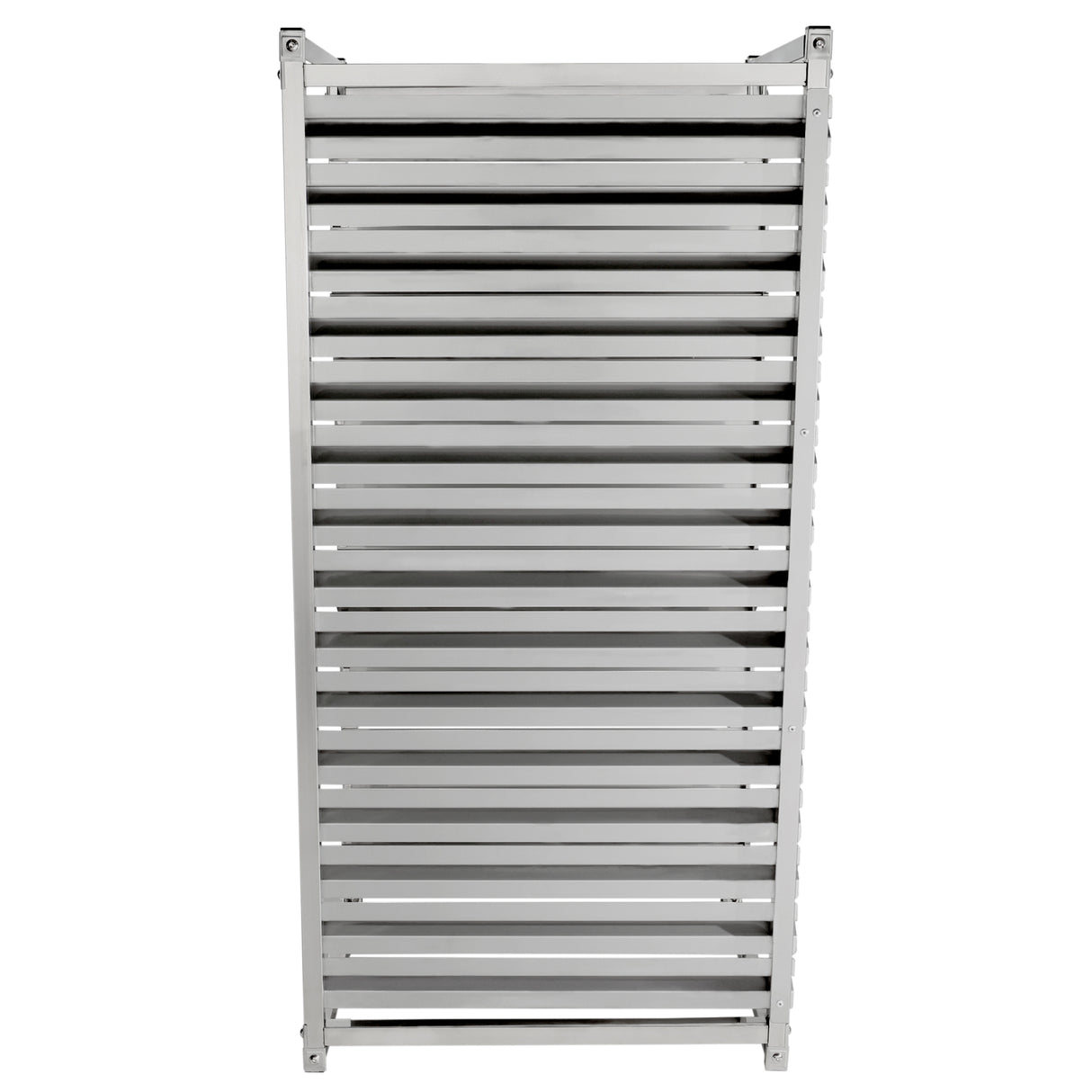 A shiny, metallic Empura E-PR15 towel radiator with horizontal bars and a rectangular frame, viewed from the front. The evenly spaced bars create a 15-pan rack, ladder-like look, and the sleek finish reflects light for a modern style.